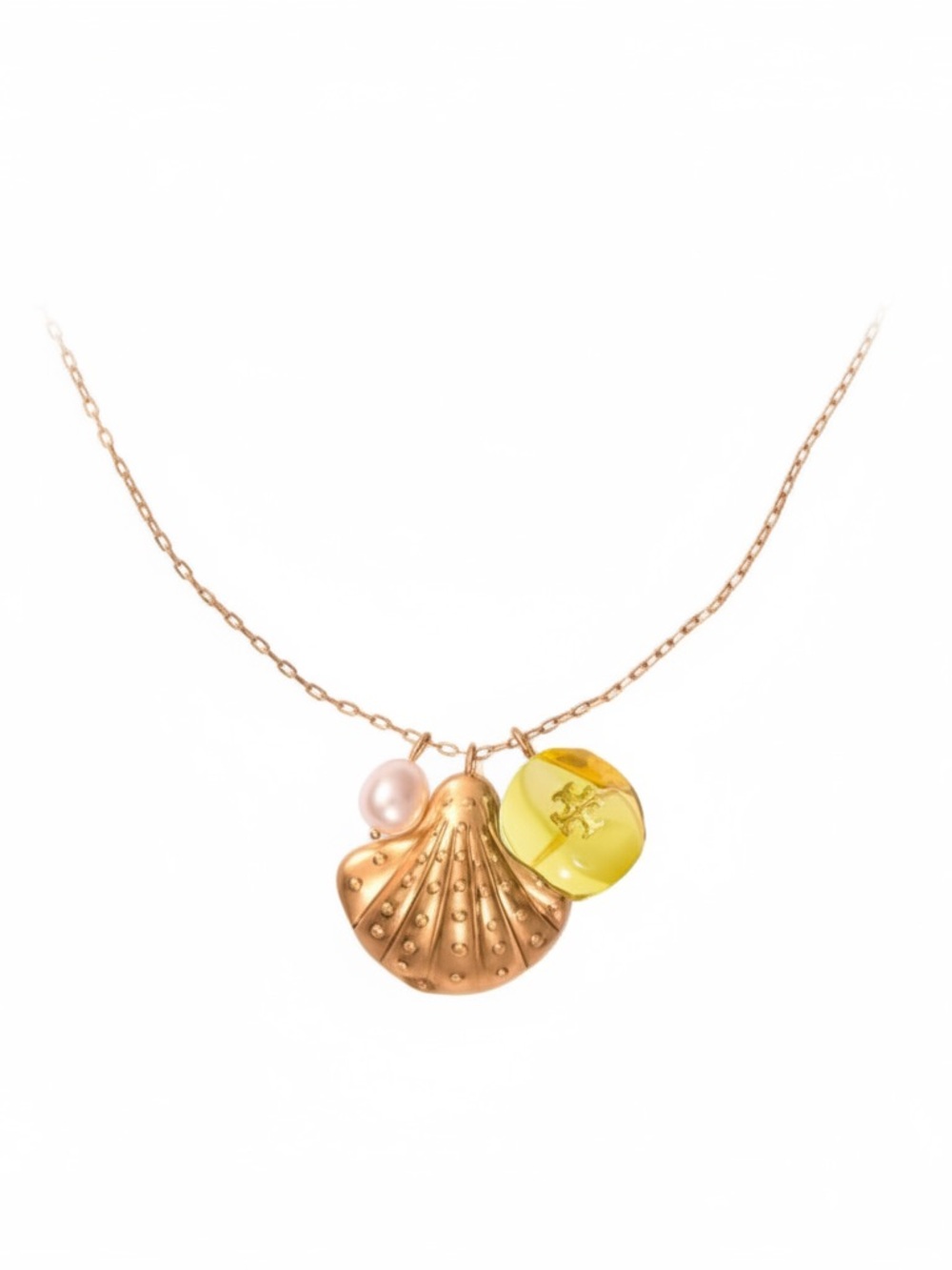 Tory Burch Sea of Dreams Shell Pearl Resin Pendant Necklace Gold 18k Plated